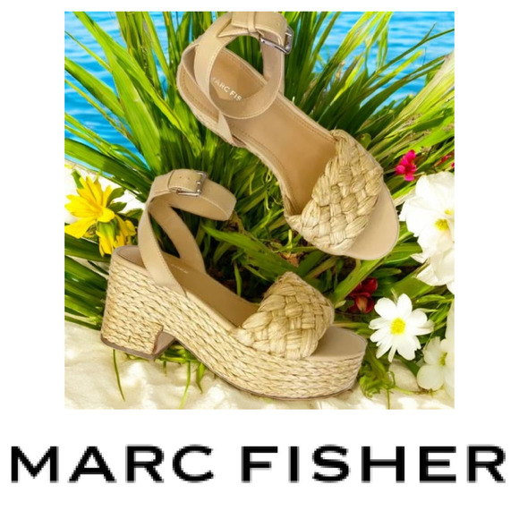 NEW Marc Fisher Steel Sz 9 Natural Raffia Platform Chunky Sandals Beachy NWOB - Picture 1 of 10